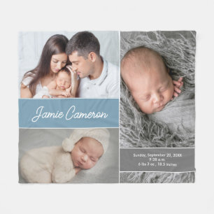 Dusty Blue Baby Boy Naam Geboortestatistieken Foto Fleece Deken
