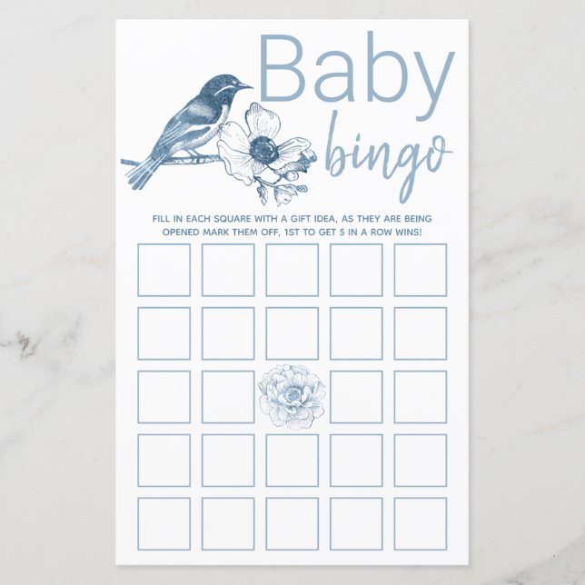Dusty Blue Baby shower Bingo Game Kaart Floral (Voorkant)