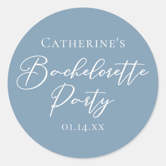 Dusty Blue Bachelorette Party Custom White Script Ronde Sticker (Voorkant)