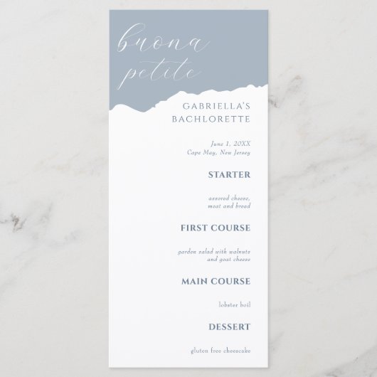 Dusty Blue Bachlorette Menu Italian (Devant)