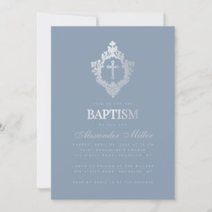 Dusty Blue Baptism Elegant Faux Silver Crest Boy Kaart
