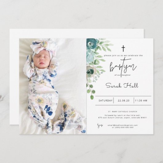 Dusty Blue Baptism Invitation Kaart (Voorkant / Achterkant)