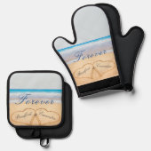 Dusty Blue Beach Bruiloft / Jubileum Harten Zand Ovenwant & Pannenlap Set (Voorkant / Achterkant)