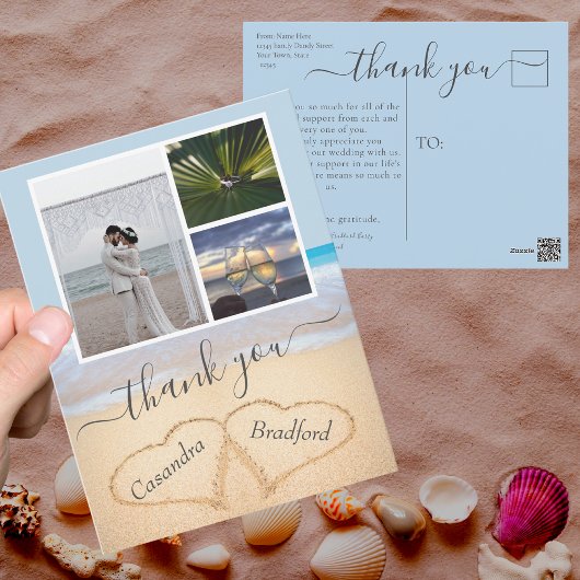 Dusty Blue Beach Hart Zand Bruiloft Dank u Briefkaart