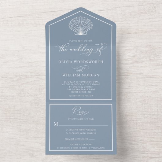 Dusty Blue Beach Seashell Kustbruiloft All In One Uitnodiging (Binnen)