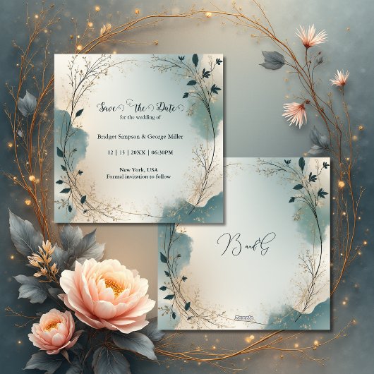 Dusty Blue Beige Boho Chic foliage wreath Wedding Save The Date