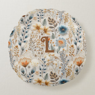 Dusty Blue Beige Floral Cottagecore Monogram Rond Kussen