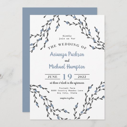 Dusty Blue Berry Wreath Wedding Invitation Kaart (Voorkant / Achterkant)