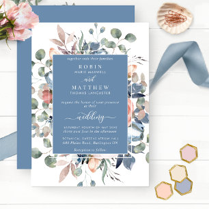 Dusty Blue Blissful Floral and Greenery Wedding Kaart