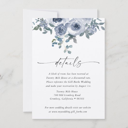 Dusty Blue Bloemen en Zwart Bruiloft Details Kaart Notitiekaartje (Voorkant)