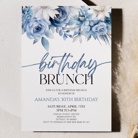 Dusty Blue Bloemen Verjaardag Brunch Party Kaart