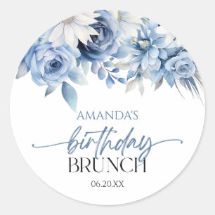 Dusty Blue Bloemen Verjaardag Brunch Party Ronde Sticker