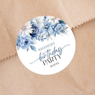 Dusty Blue Bloemen Verjaardagsfeest Ronde Sticker
