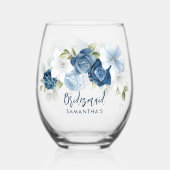 Dusty Blue Bloom Elegant Script bruiloft bruidsmei Wijnglas Zonder Voet (Voorkant)