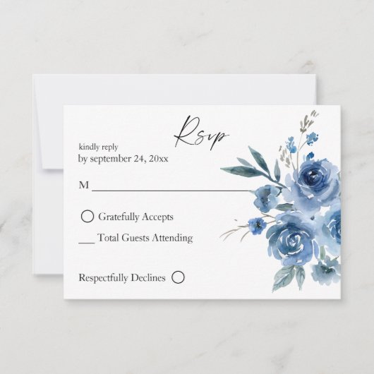 Dusty Blue & Blue Floral 2 no Carte RSVP repas (Devant)