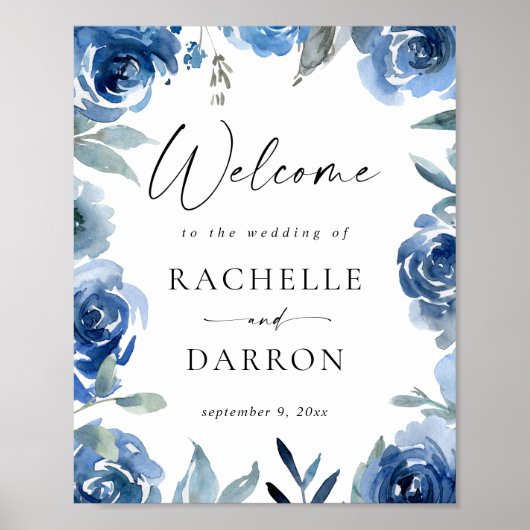 Dusty Blue & Blue Floral Affiche de bienvenue (Devant)
