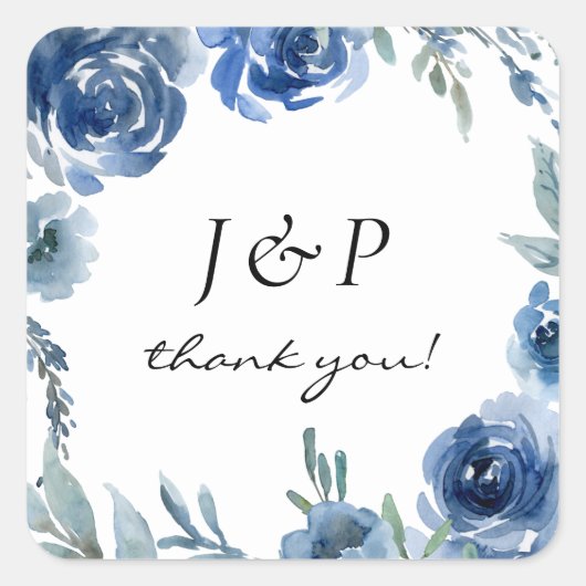 Dusty Blue & Blue Floral Bedankt Monogram 2 - Vierkante Sticker (Voorkant)