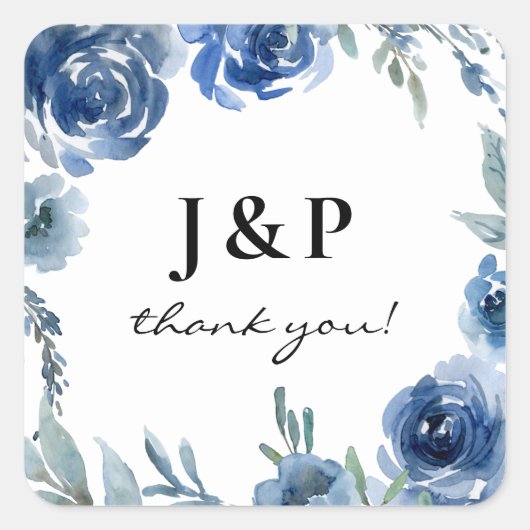 Dusty Blue & Blue Floral Bedankt Monogram - Vierkante Sticker (Voorkant)