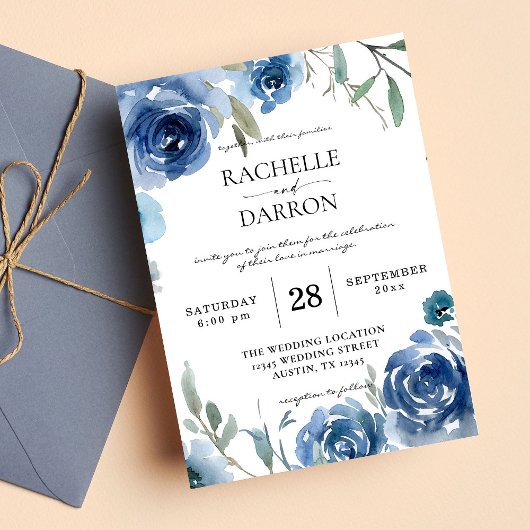 Dusty Blue & Blue Floral Wedding Kaart