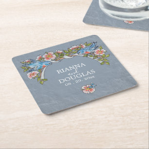 Dusty Blue Bluebird Floral Rustic Wedding Vierkante Kartonnen Onderzetter