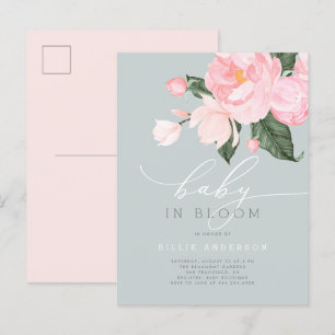 Dusty Blue Blush Floral Baby in Bloom Shower Uitnodiging Briefkaart
