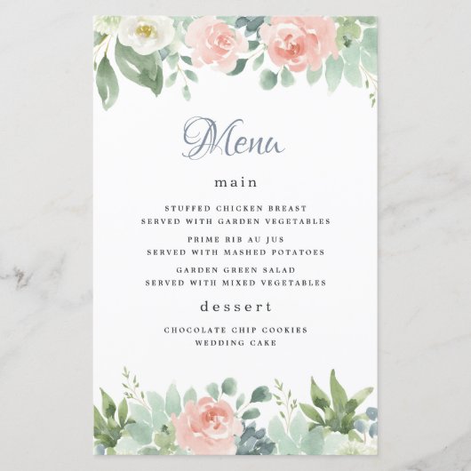 Dusty Blue Blush Floral Garden Wedding Menu Cartes (Devant)