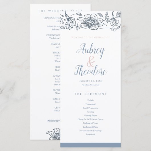 Dusty Blue & Blush Flowers Programme de mariage (Devant / Derrière)