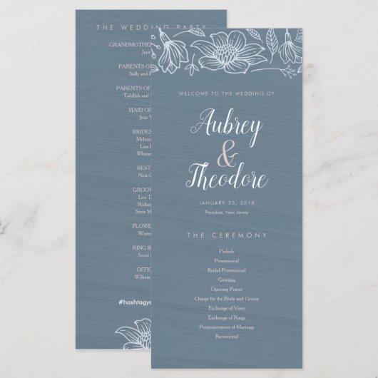 Dusty Blue & Blush Flowers Trouwprogramma - Donker Programma (Voorkant / Achterkant)