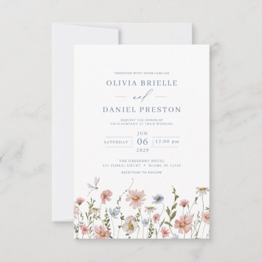 Dusty Blue Blush Pink Elegant Garden Wedding Kaart (Voorkant)