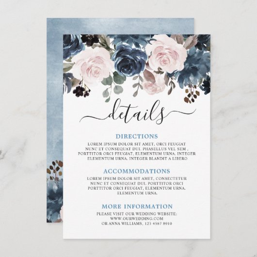 Dusty Blue Blush Pink Floral Botanical Wedding Informatiekaartje (Voorkant / Achterkant)