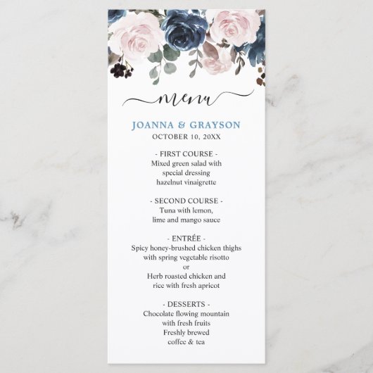 Dusty Blue Blush Pink Floral Botanical Wedding Menu (Voorkant)