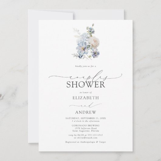 Dusty Blue Blush Pink Floral Photo Couples Shower Kaart (Voorkant)
