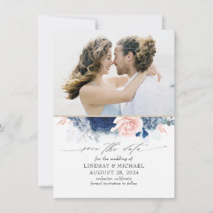 Dusty Blue & Blush Pink Floral Save the Date Foto Aankondiging