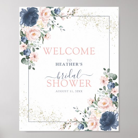 Dusty Blue Blush Pink Floral Shower Welkom Poster (Voorkant)