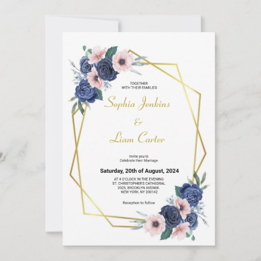 Dusty Blue Blush Pink Geometric Floral Wedding Kaart (Voorkant)