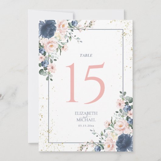 Dusty Blue Blush Pink Gold Floral Table Number (Voorkant)