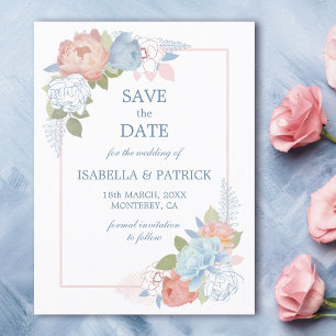 Dusty Blue Blush Pink Rose Floral Save the Date Briefkaart