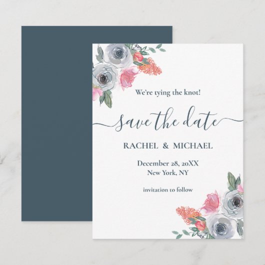 Dusty Blue & Blush Pink Waterverf Floral Wedding Save The Date (Voorkant / Achterkant)