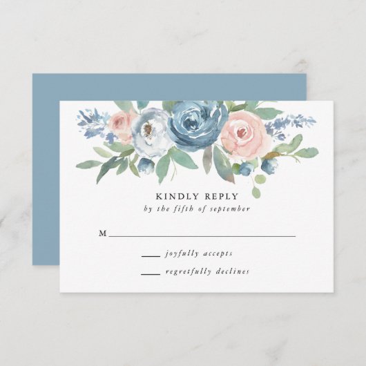 Dusty Blue & Blush Roos Bruiloft RSVP Kaart (Voorkant / Achterkant)