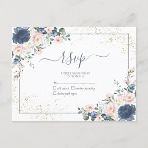 Dusty Blue Blush Rose Gold Floral Pas de menu RSVP
