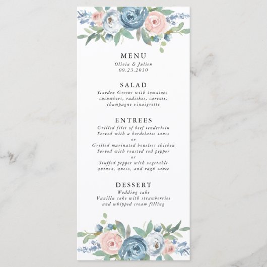 Dusty Blue & Blush Rose Menu Mariage (Devant)