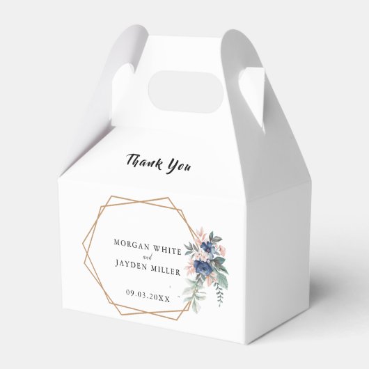 Dusty Blue Blush Roze Bloemen Goud Lijst Bruiloft Bedankdoosjes (Voorkant Zijde)