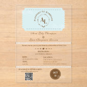 Dusty Blue Boarding Pass Cosmic Wedding Acryl Uitnodigingen (Voorkant)