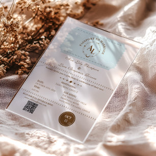 Dusty Blue Boarding Pass Cosmic Wedding Acryl Uitnodigingen