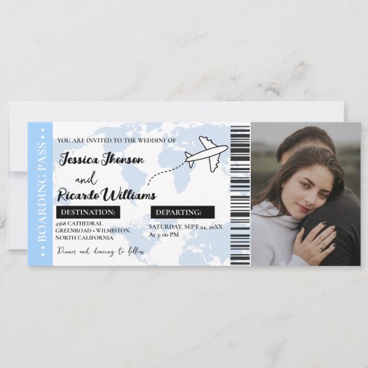 Dusty Blue Boarding pass monogram bruiloft ticket Kaart (Voorkant)