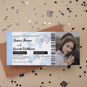 Dusty Blue Boarding pass monogram bruiloft ticket Kaart