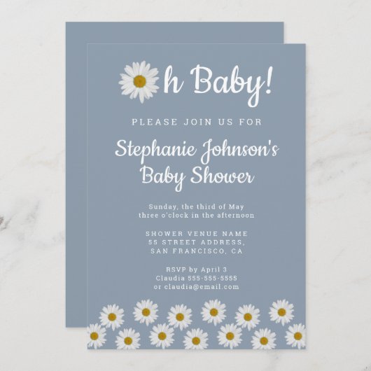 Dusty Blue Bohemian Daisies Oh Baby Baby shower Kaart (Voorkant / Achterkant)