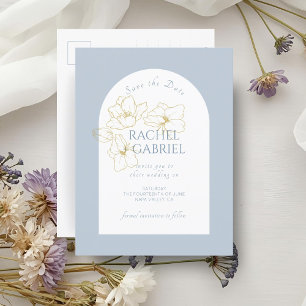 Dusty Blue Boho Arch Gouden Bloemen Huwelijk Briefkaart