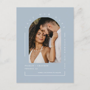 Dusty Blue Boho Arch Photo QR Code Save Our Date Briefkaart