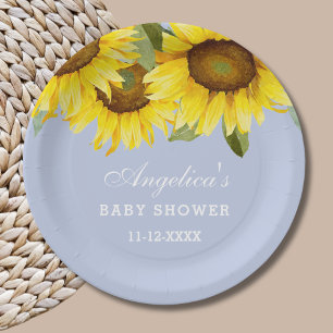 Dusty Blue Boho Bloemen Zonnebloem Baby Meisje Dou Papieren Bordje